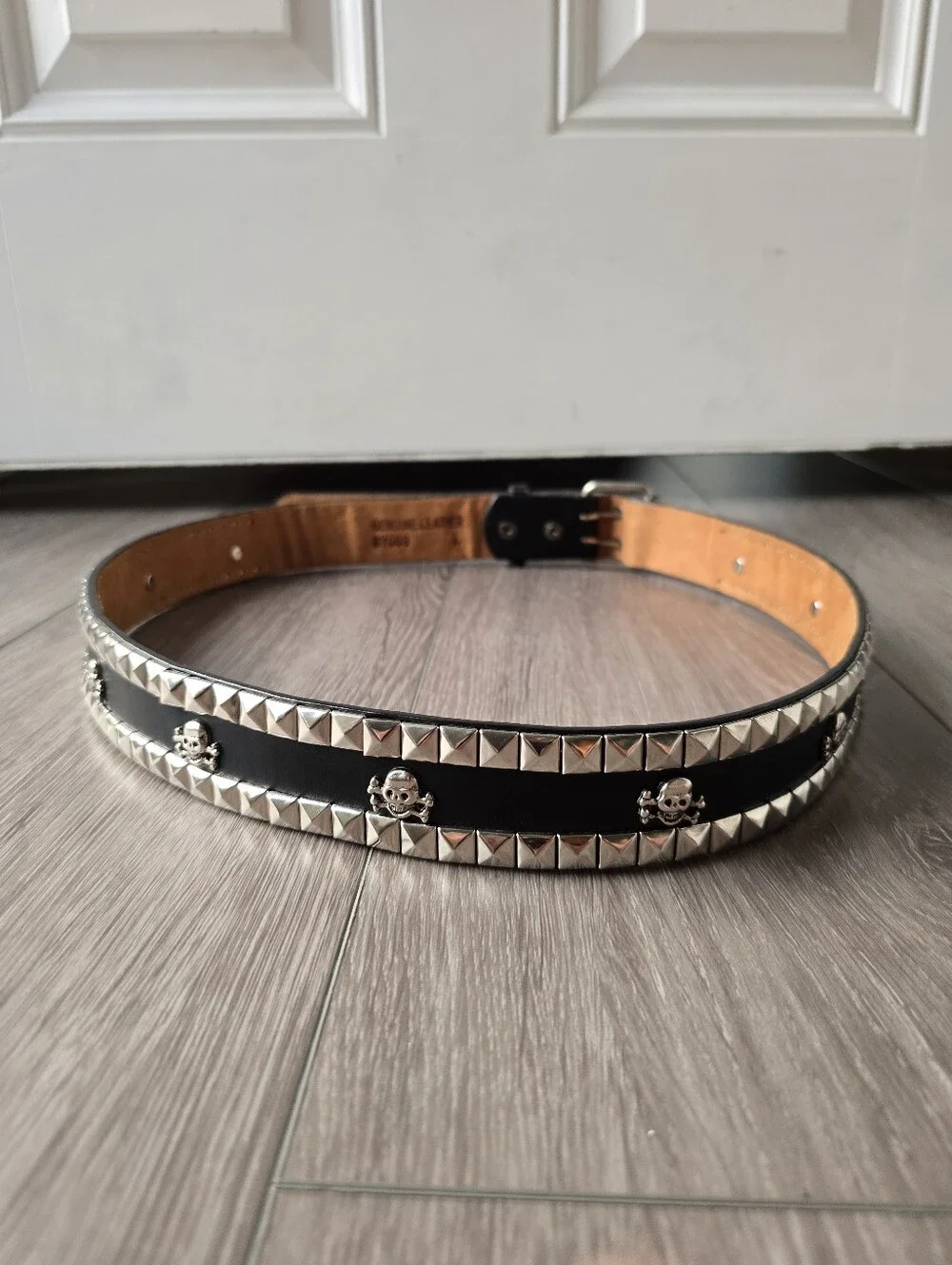 Studded Leather Belt Pyramid Studs Skull Crossbones Punk Emo Black Size L Y2K